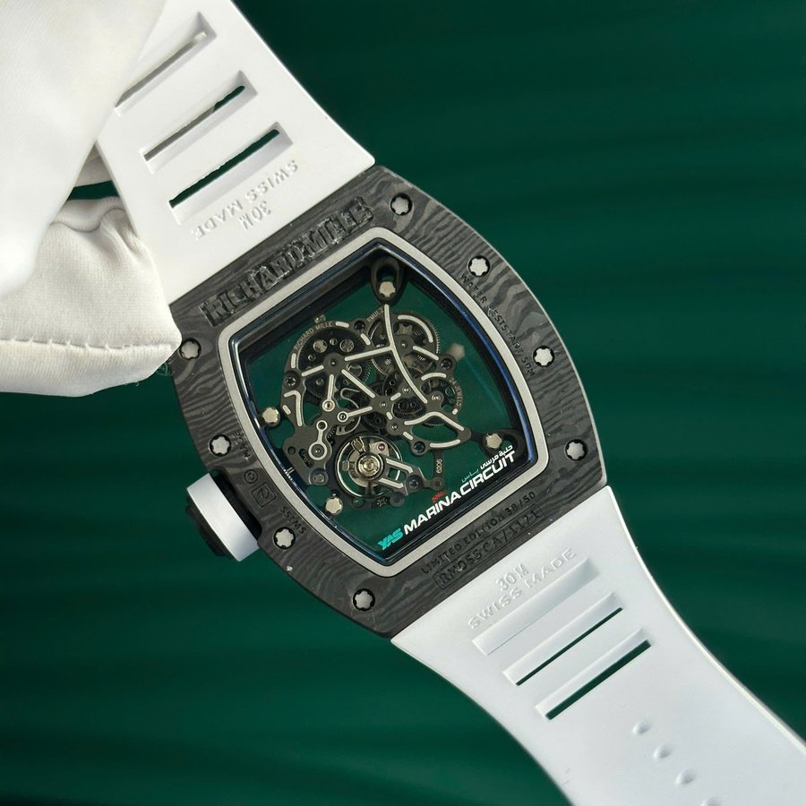 Montre réplique : Richard Mille RM 055 Yas Marina Circuit Carbon TPT, bracelet en caoutchouc blanc, ZF 42,7 mm — très recherchée – Photo 13