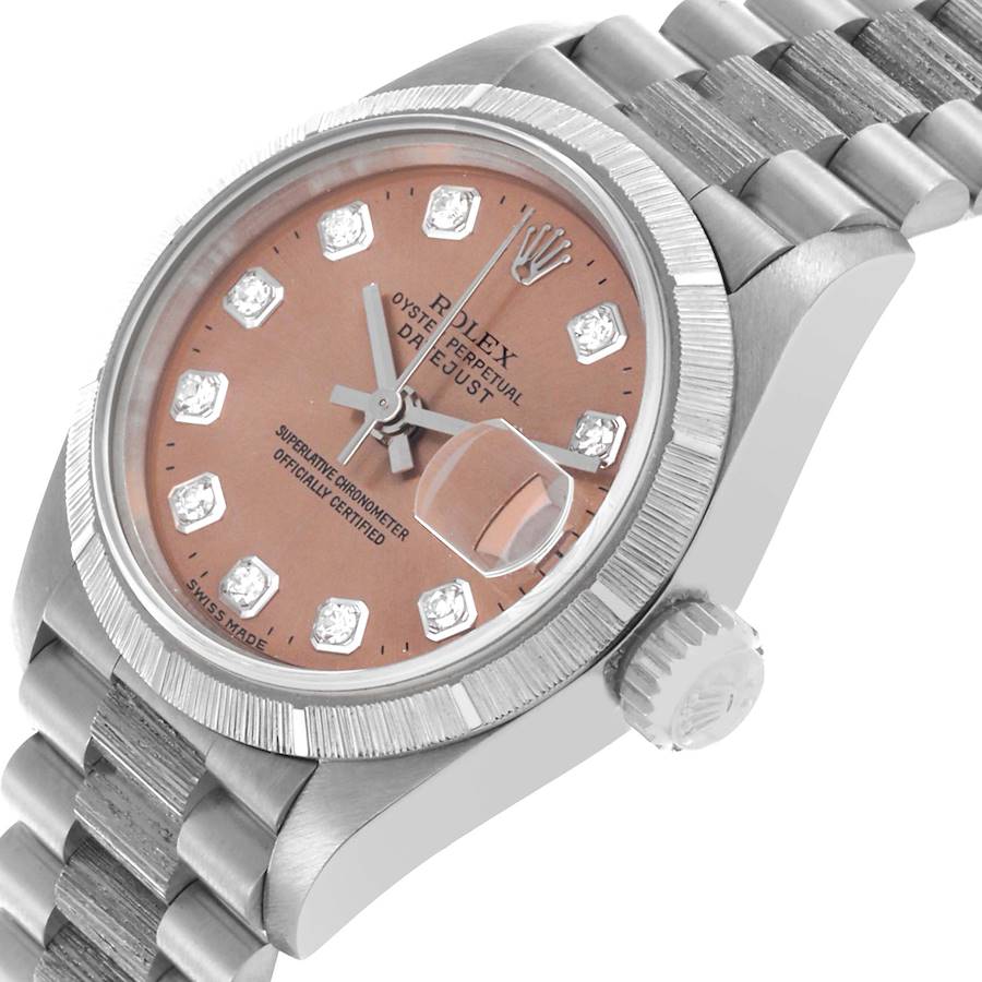 Montre réplique : Rolex President Datejust, or blanc, finition écorce, diamants, 69279 — précieuse – Photo 4